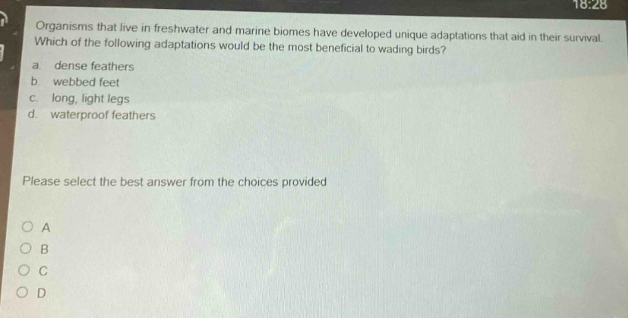 organisms that live in freshwater and marine biomes have developed unique adaptations that aid in their survival. which of the following adaptations would be the most beneficial to wading birds? a. dense feathers b. webbed feet c. long, light legs d. waterproof feathers please select the best answer from the choices provided