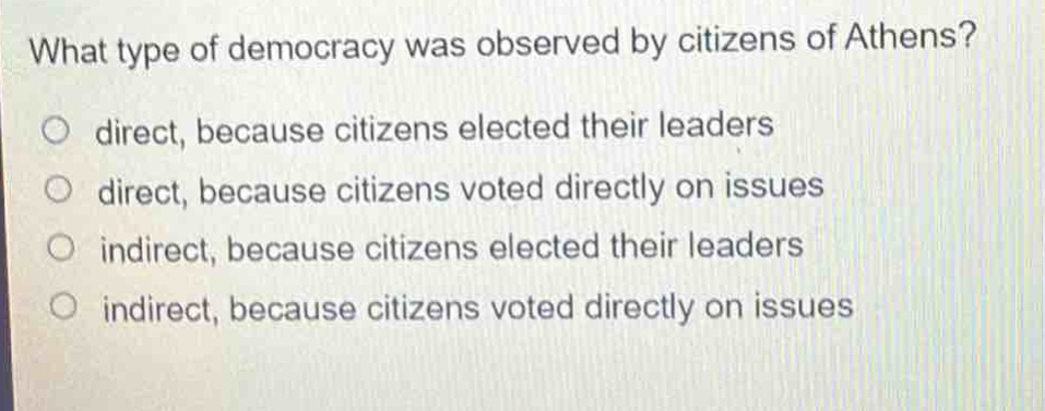 what type of democracy was observed by citizens of athens?\no direct, because citizens elected their leaders\no direct, because citizens voted directly on issues\no indirect, because citizens elected their leaders\no indirect, because citizens voted directly on issues