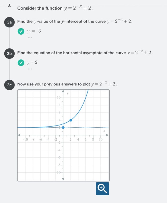 3. consider the function $y = 2^{-x}+2$.\n3a find the $y$-value of the $y$-intercept of the curve $y = 2^{-x}+2$.\n3b find the equation of the horizontal asymptote of the curve $y = 2^{-x}+2$.\n3c now use your previous answers to plot $y = 2^{-x}+2$.