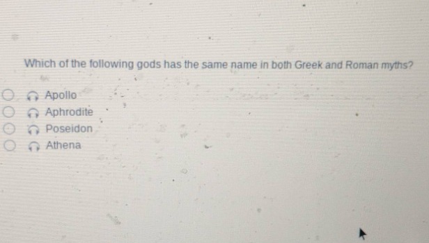 which of the following gods has the same name in both greek and roman myths?\napollo\naphrodite\nposeidon\nathena