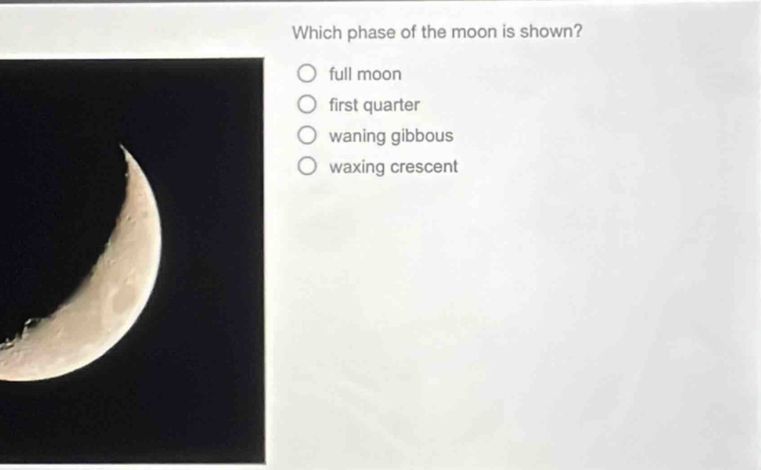 which phase of the moon is shown?\n○ full moon\n○ first quarter\n○ waning gibbous\n○ waxing crescent