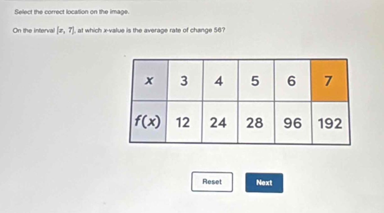 select the correct location on the image. on the interval x, 7, at which x - value is the average rate of change 56?\n\n|x|3|4|5|6|7|\n|f(x)|12|24|28|96|192|\n\nreset next