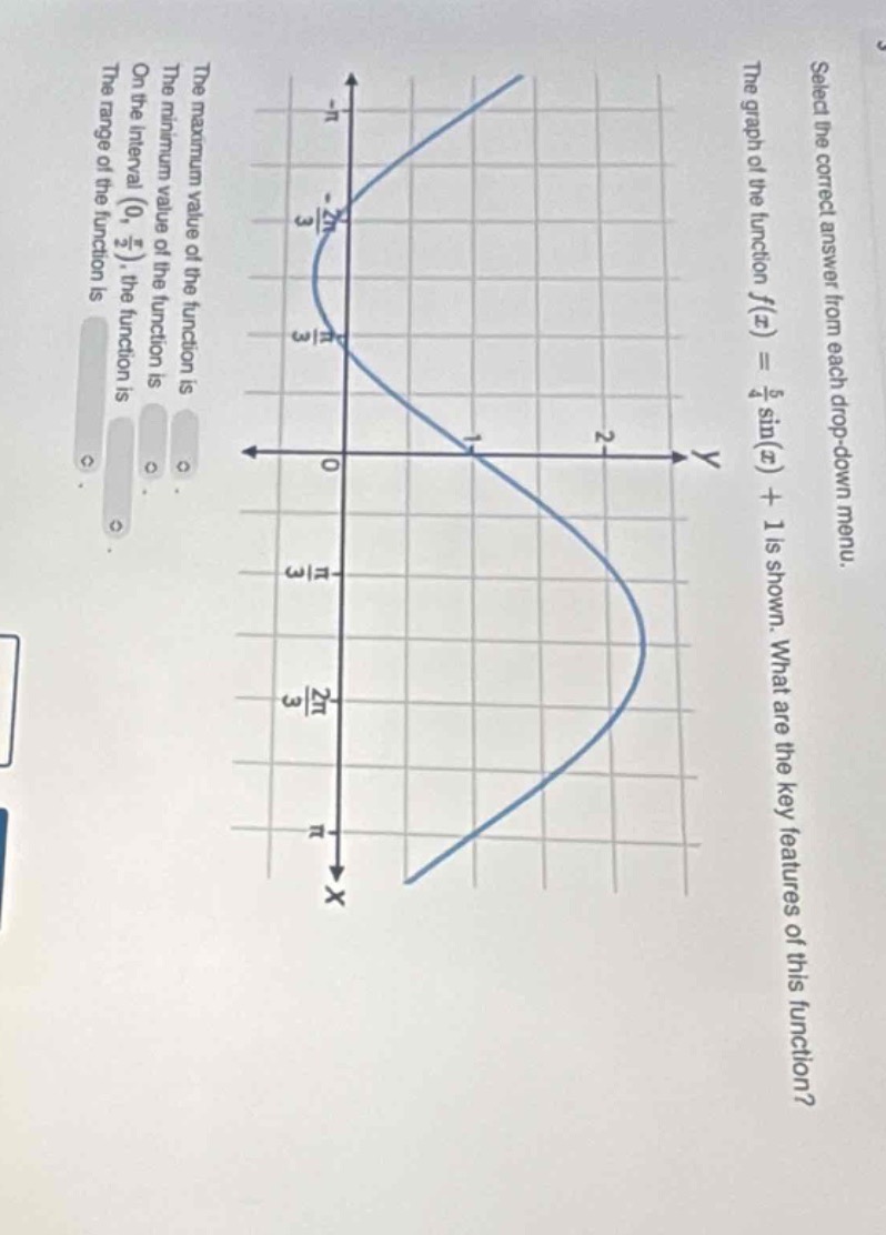 select the correct answer from each drop - down menu. the graph of the function (f(x)=\frac{5}{4}sin(x)+1) is shown. what are the key features of this function? the maximum value of the function is the minimum value of the function is on the interval ((0,\frac{pi}{2})), the function is the range of the function is