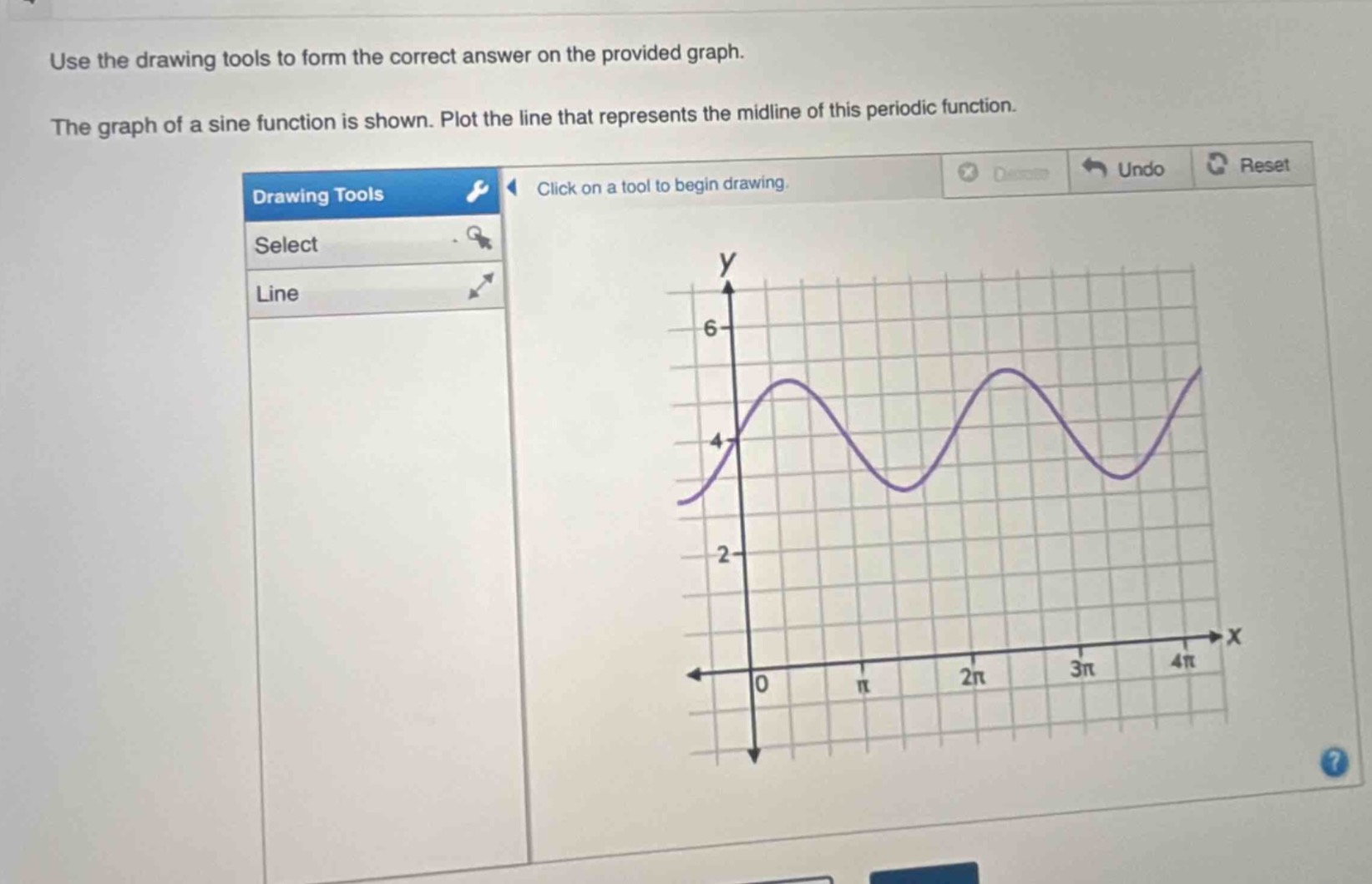 use the drawing tools to form the correct answer on the provided graph. the graph of a sine function is shown. plot the line that represents the midline of this periodic function.
