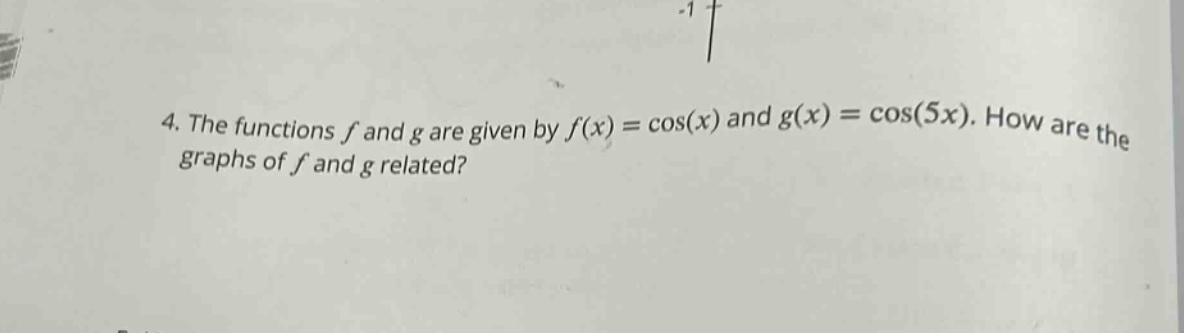 4. the functions $f$ and $g$ are given by $f(x)=cos(x)$ and $g(x)=cos(5x)$. how are the graphs of $f$ and $g$ related?