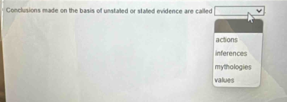 conclusions made on the basis of unstated or stated evidence are called\nactions\ninferences\nmythologies\nvalues