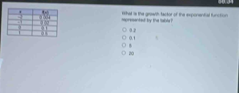 what is the growth factor of the exponential function represented by the table?\n0.2\n0.1\n5\n20
