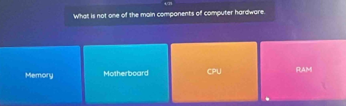what is not one of the main components of computer hardware. memory motherboard cpu ram