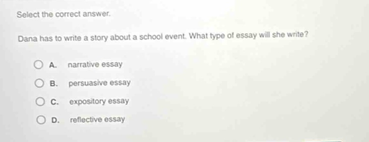 select the correct answer. dana has to write a story about a school event. what type of essay will she write?\na. narrative essay\nb. persuasive essay\nc. expository essay\nd. reflective essay