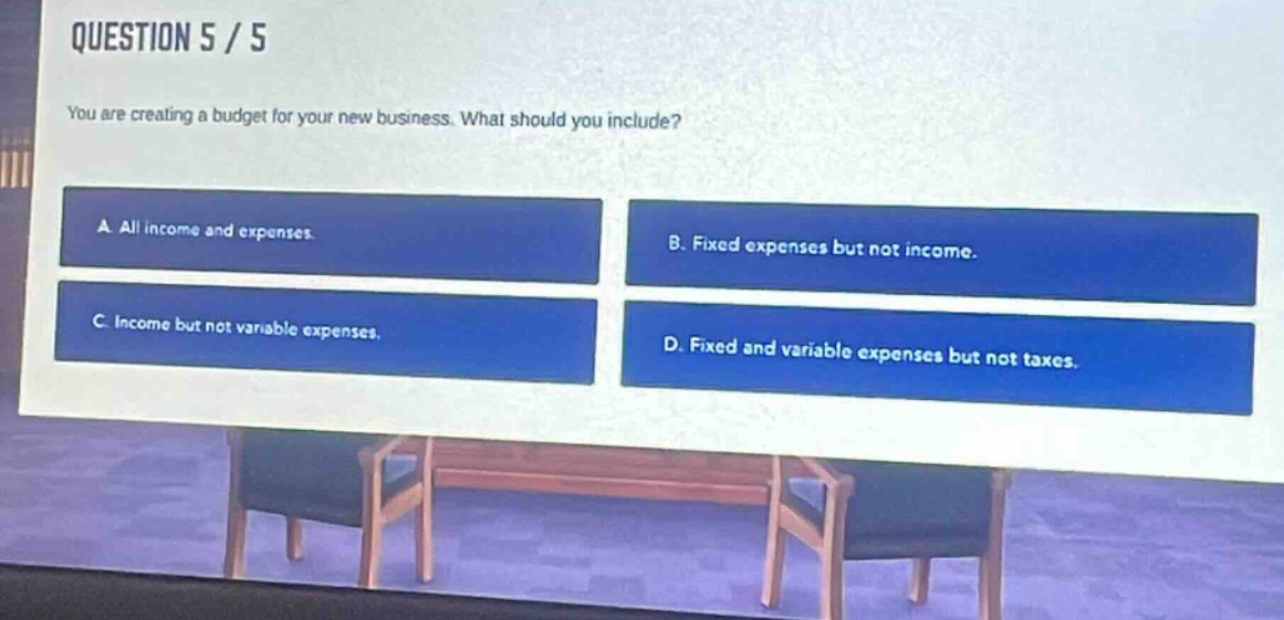 question 5 / 5\nyou are creating a budget for your new business. what should you include?\na. all income and expenses.\nb. fixed expenses but not income.\nc. income but not variable expenses.\nd. fixed and variable expenses but not taxes.