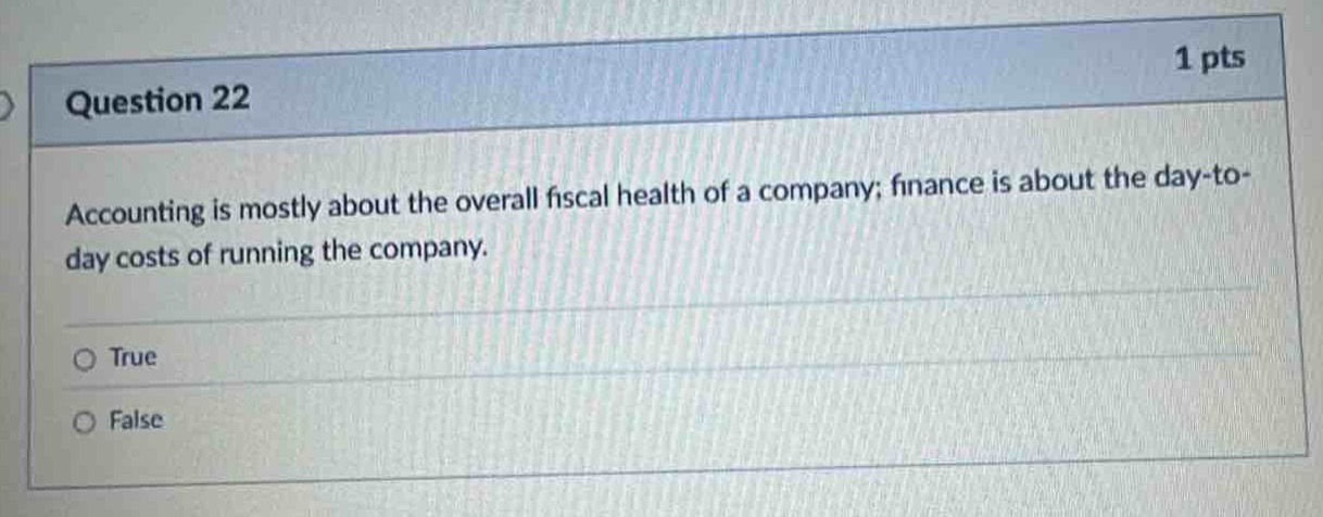 question 22\n1 pts\naccounting is mostly about the overall fiscal health of a company; finance is about the day - to - day costs of running the company.\ntrue\nfalse