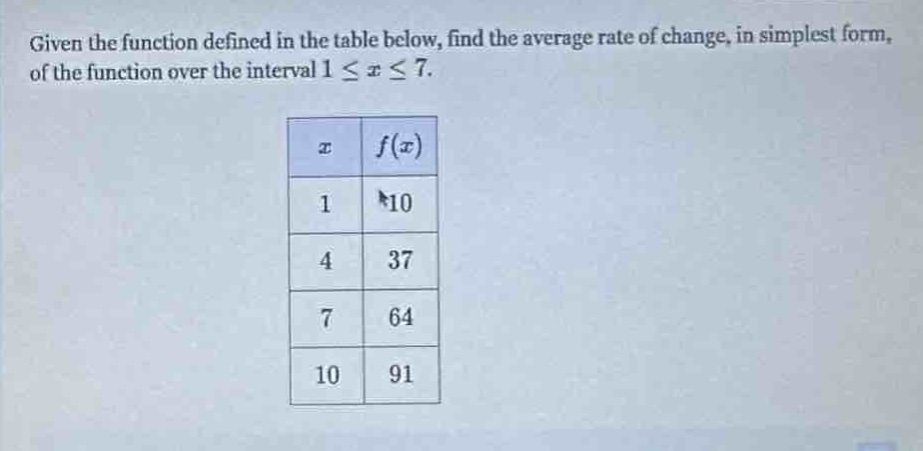 given the function defined in the table below, find the average rate of change, in simplest form, of the function over the interval 1 ≤ x ≤ 7.\n| x | f(x) |\n|----|----|\n| 1 | 10 |\n| 4 | 37 |\n| 7 | 64 |\n| 10 | 91 |