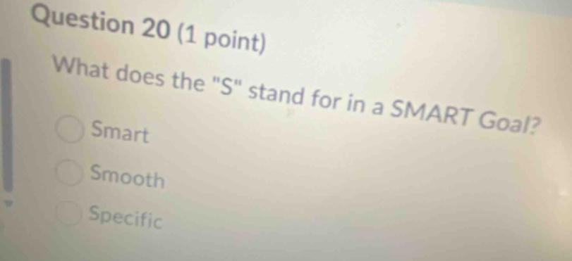 question 20 (1 point)\nwhat does the \s\ stand for in a smart goal?\nsmart\nsmooth\nspecific