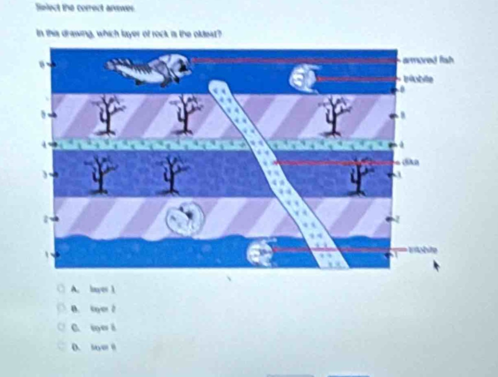 select the correct answer. in the diagram, which layer of rock is the oldest? a. layer 1 b. layer 2 c. layer 3 d. layer 4