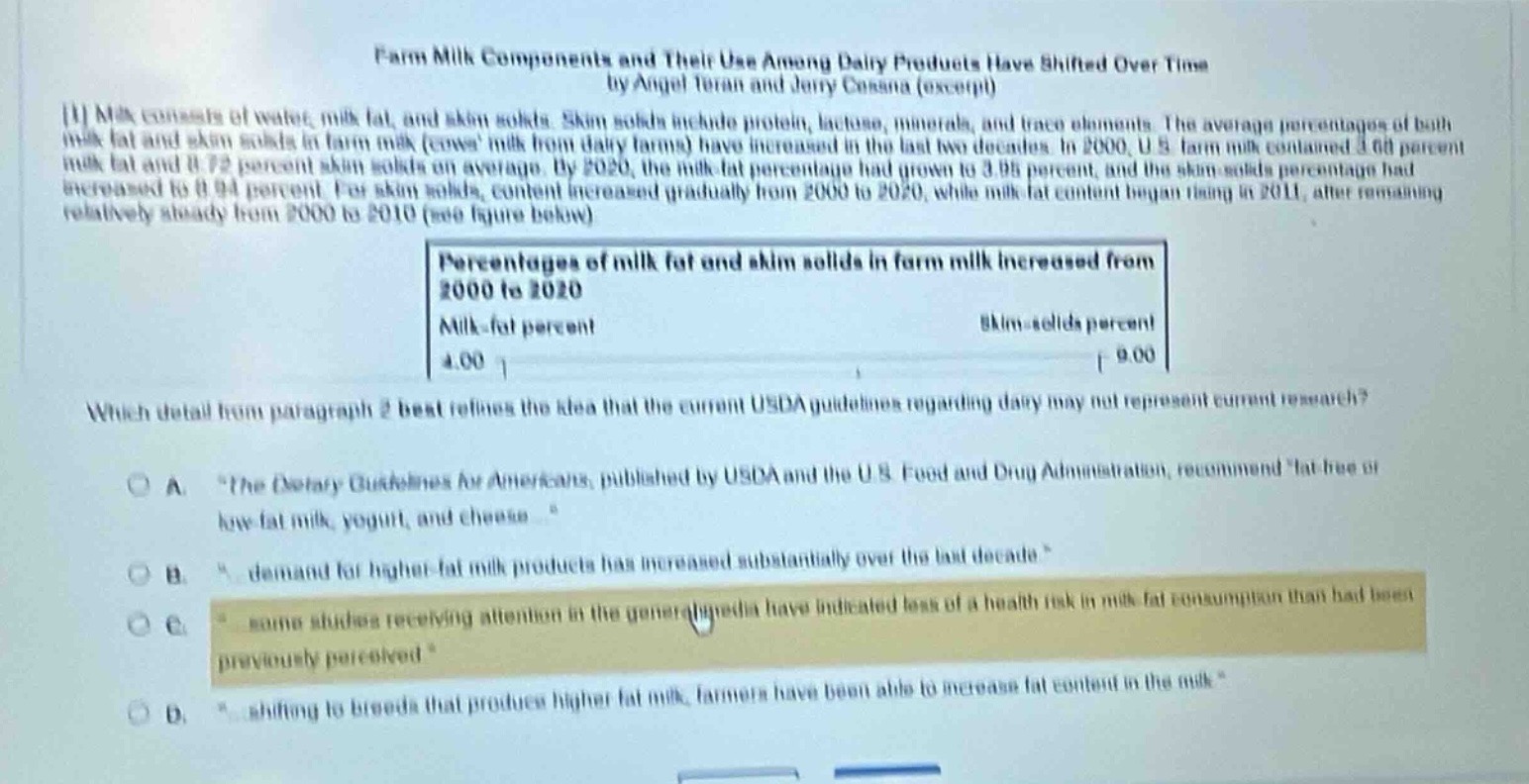 farm milk components and their use among dairy products have shifted over time by angel toran and jerry cossina (excerpt) 1 milk consists of water, milk fat, and skim solids. skim solids include protein, lactose, minerals, and trace elements. the average percentages of both milk fat and skim solids in farm milk (cows milk from dairy farms) have increased in the last two decades. in 2000, u.s. farm milk contained 3.66 percent milk fat and 8.72 percent skim solids on average. by 2020, the milk - fat percentage had grown to 3.95 percent, and the skim - solids percentage had increased to 8.94 percent. for skim solids, content increased gradually from 2000 to 2020, while milk - fat content began rising in 2011, after remaining relatively steady from 2000 to 2010 (see figure below). percentages of milk fat and skim solids in farm milk increased from 2000 to 2020 milk - fat percent 4.00 skim - solids percent 9.00 which detail from paragraph 2 best refines the idea that the current usda guidelines regarding dairy may not represent current research? a. “the dietary guidelines for americans, published by usda and the u.s. food and drug administration, recommend fat - free or low - fat milk, yogurt, and cheese. ” b. “demand for higher - fat milk products has increased substantially over the last decade.” c. “some studies receiving attention in the general media have indicated less of a health risk in milk fat consumption than had been previously perceived.” d. “shifting to breeds that produce higher - fat milk, farmers have been able to increase fat content in the milk.”