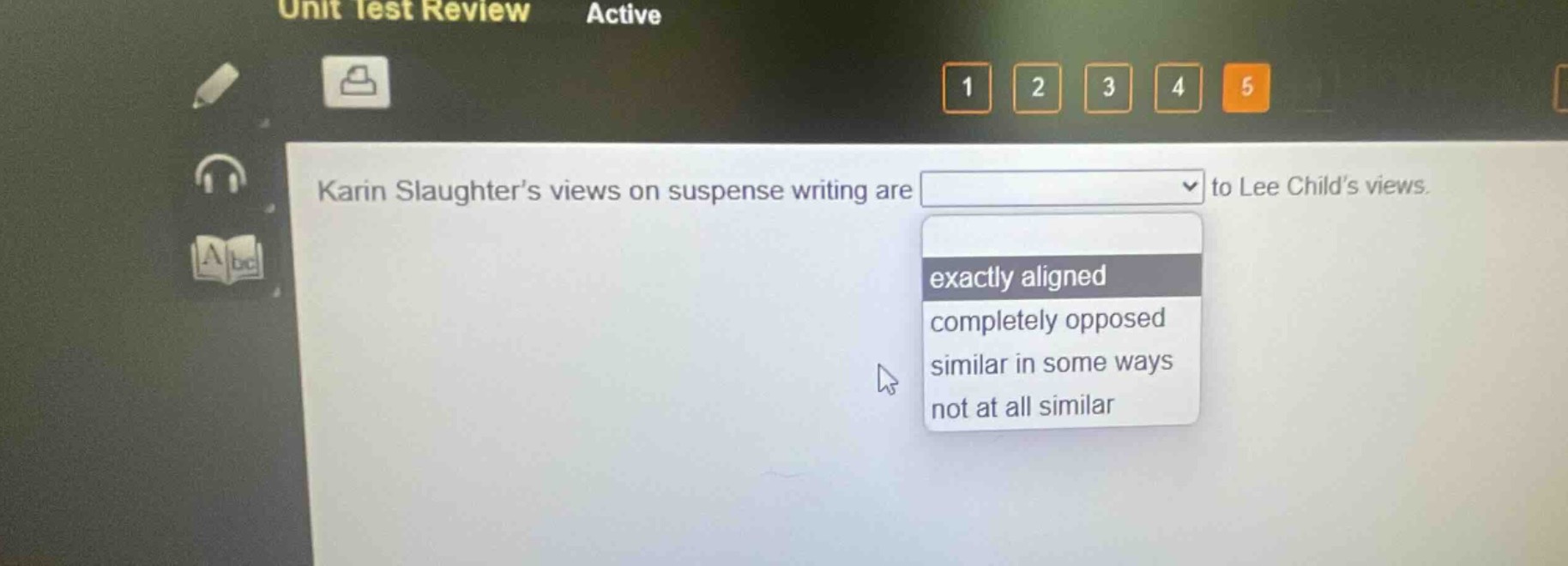 karin slaughter’s views on suspense writing are to lee child’s views. exactly aligned completely opposed similar in some ways not at all similar
