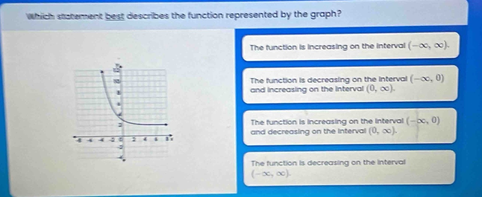 which statement best describes the function represented by the graph? the function is increasing on the interval (-∞, ∞). the function is decreasing on the interval (-∞, 0) and increasing on the interval (0, ∞). the function is increasing on the interval (-∞, 0) and decreasing on the interval (0, ∞). the function is decreasing on the interval (-∞, ∞).