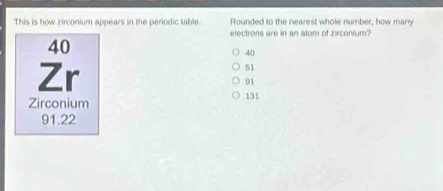 this is how zirconium appears in the periodic table. rounded to the nearest whole number, how many electrons are in an atom of zirconium? 40 zr zirconium 91.22