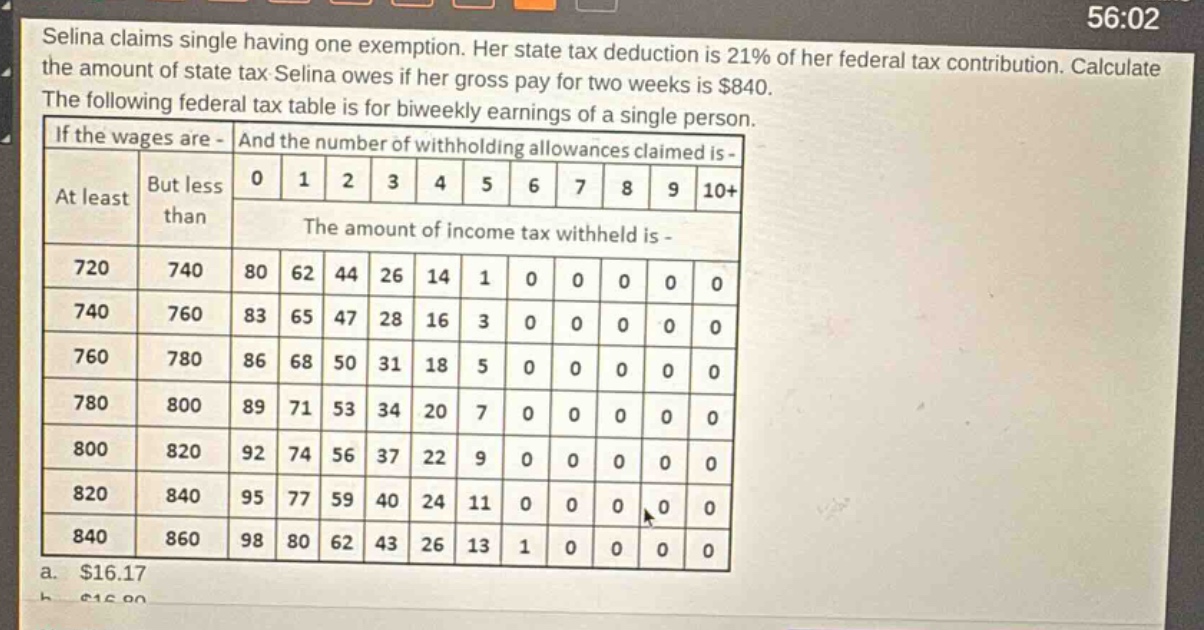 selina claims single having one exemption. her state tax deduction is 21% of her federal tax contribution. calculate the amount of state tax selina owes if her gross pay for two weeks is $840. the following federal tax table is for biweekly earnings of a single person. if the wages are - and the number of withholding allowances claimed is - at least but less than 0 1 2 3 4 5 6 7 8 9 10+ the amount of income tax withheld is - 720 740 80 62 44 26 14 1 0 0 0 0 740 760 83 65 47 28 16 3 0 0 0 0 760 780 86 68 50 31 18 5 0 0 0 0 780 800 89 71 53 34 20 7 0 0 0 0 800 820 92 74 56 37 22 9 0 0 0 0 820 840 95 77 59 40 24 11 0 0 0 0 840 860 98 80 62 43 26 13 1 0 0 0 a. $16.17