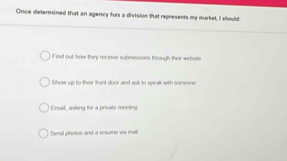 once determined that an agency has a division that represents my market, i should:\n\nfind out how they receive submissions through their website\n\nshow up to their front door and ask to speak with someone\n\nemail, asking for a private meeting\n\nsend photos and a resume via mail