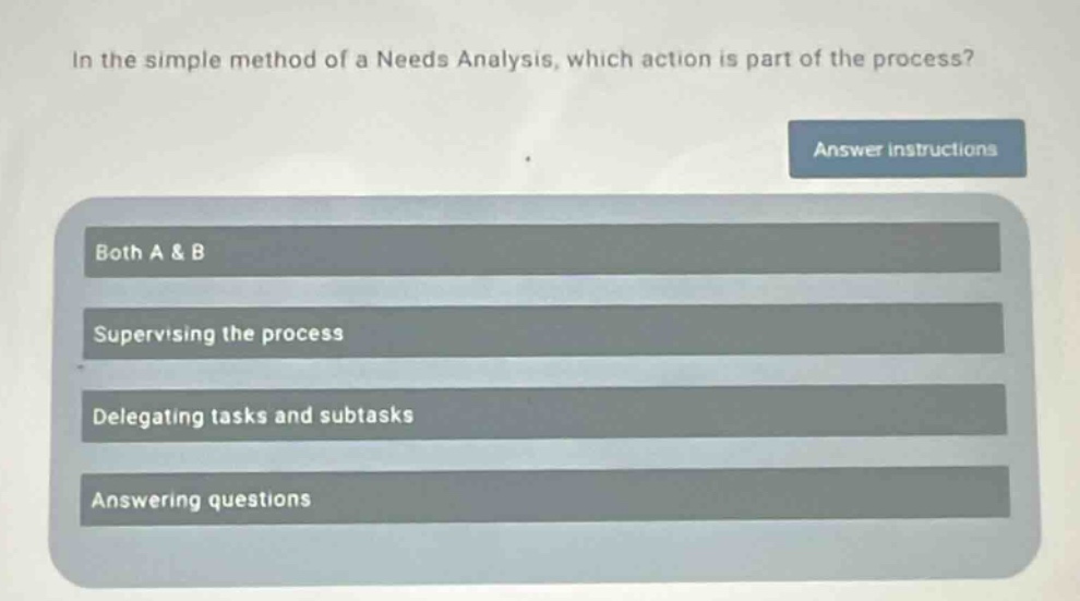in the simple method of a needs analysis, which action is part of the process? answer instructions both a & b supervising the process delegating tasks and subtasks answering questions