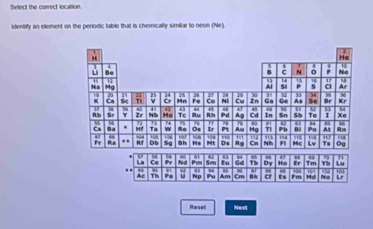 select the correct location. identify an element on the periodic table that is chemically similar to neon (ne).