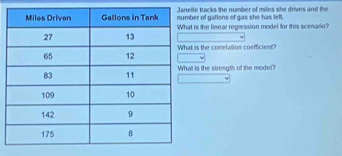 janelle tracks the number of miles she drives and the number of gallons of gas she has left. what is the linear regression model for this scenario? what is the correlation coefficient? what is the strength of the model?\nmiles driven\tgallons in tank\n27\t13\n65\t12\n83\t11\n109\t10\n142\t9\n175\t8