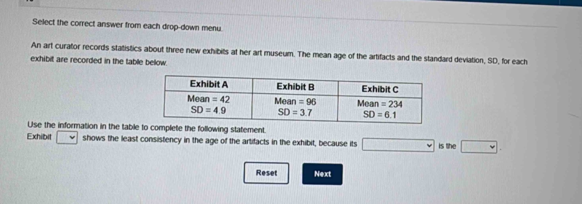 select the correct answer from each drop - down menu. an art curator records statistics about three new exhibits at her art museum. the mean age of the artifacts and the standard deviation, sd, for each exhibit are recorded in the table below.\n|exhibit a|exhibit b|exhibit c|\n|--|--|--|\n|mean = 42\nsd = 4.9|mean = 96\nsd = 3.7|mean = 234\nsd = 6.1|\nuse the information in the table to complete the following statement. exhibit shows the least consistency in the age of the artifacts in the exhibit, because its is the