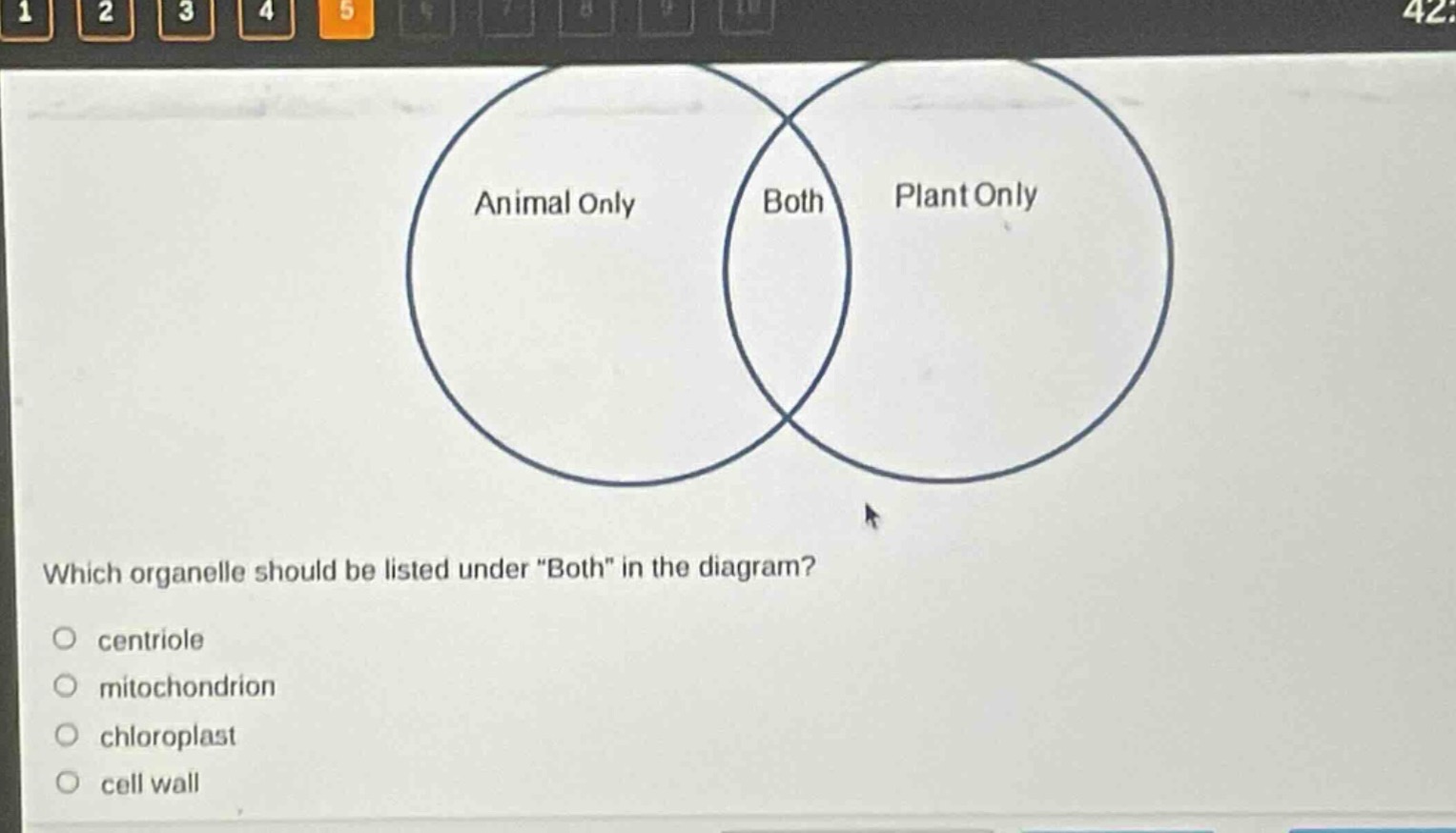 which organelle should be listed under \both\ in the diagram?\no centriole\no mitochondrion\no chloroplast\no cell wall