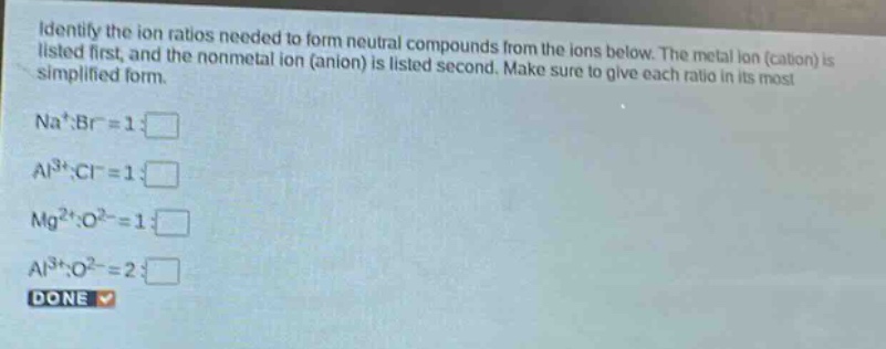 identify the ion ratios needed to form neutral compounds from the ions below. the metal ion (cation) is listed first, and the nonmetal ion (anion) is listed second. make sure to give each ratio in its most simplified form.\nna⁺:br⁻ = 1:\nal³⁺:cl⁻ = 1:\nmg²⁺:o²⁻ = 1:\nal³⁺:o²⁻ = 2:\ndone