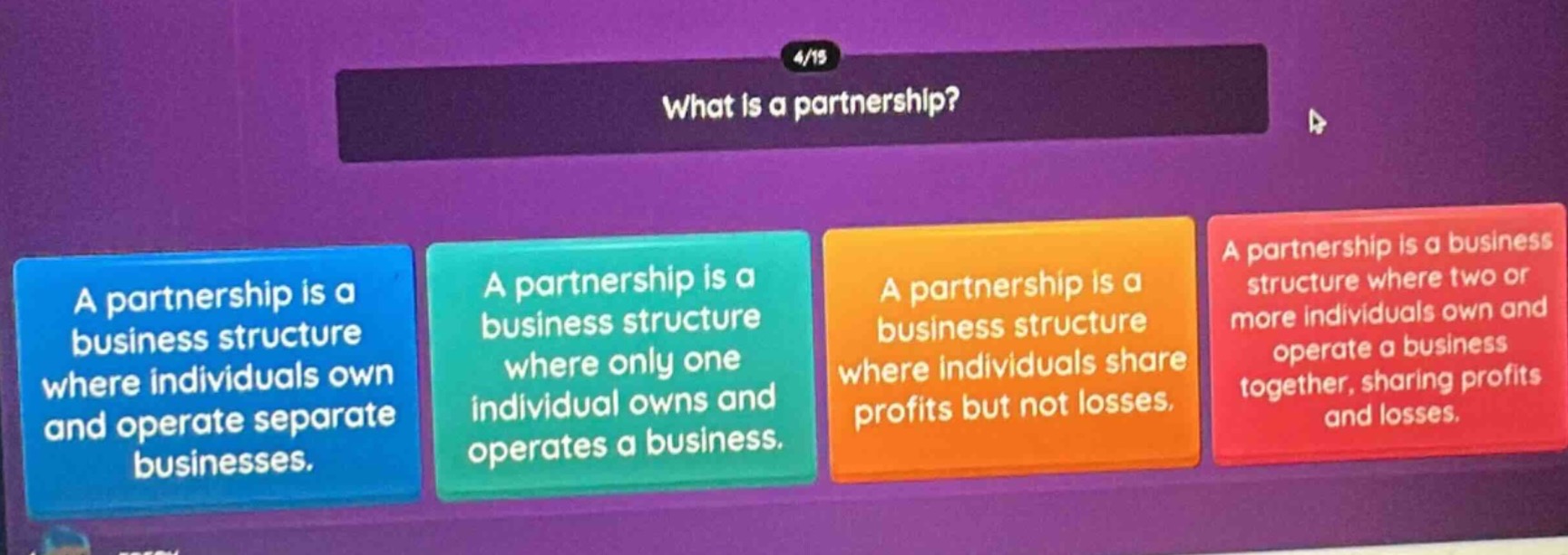 what is a partnership? a partnership is a business structure where individuals own and operate separate businesses. a partnership is a business structure where only one individual owns and operates a business. a partnership is a business structure where individuals share profits but not losses. a partnership is a business structure where two or more individuals own and operate a business together, sharing profits and losses.