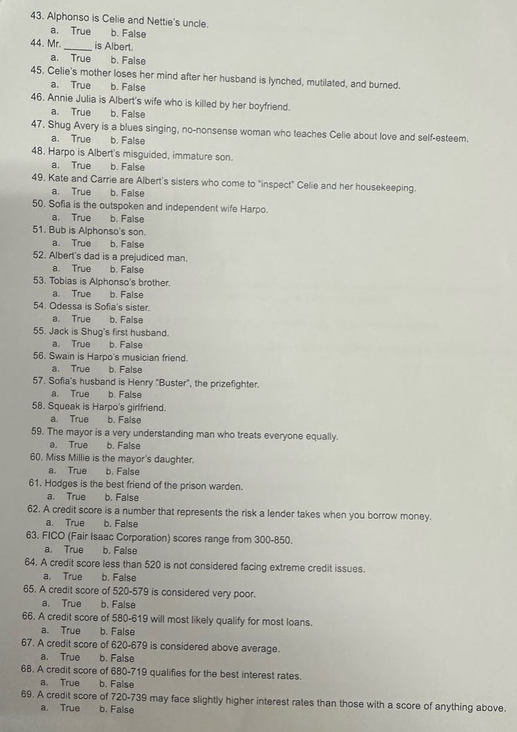 43. alphonso is celie and netties uncle.\n a. true b. false\n44. mr. ______ is albert.\n a. true b. false\n45. celies mother loses her mind after her husband is lynched, mutilated, and burned.\n a. true b. false\n46. annie julia is alberts wife who is killed by her boyfriend.\n a. true b. false\n47. shug avery is a blues - singing, no - nonsense woman who teaches celie about love and self - esteem.\n a. true b. false\n48. harpo is alberts misguided, immature son.\n a. true b. false\n49. kate and carrie are alberts sisters who come to \inspect\ celie and her housekeeping.\n a. true b. false\n50. sofia is the outspoken and independent wife harpo.\n a. true b. false\n51. bub is alphonsos son.\n a. true b. false\n52. alberts dad is a prejudiced man.\n a. true b. false\n53. tobias is alphonsos brother.\n a. true b. false\n54. odessa is sofias sister.\n a. true b. false\n55. jack is shugs first husband.\n a. true b. false\n56. swain is harpos musician friend.\n a. true b. false\n57. sofias husband is henry \buster\, the prizefighter.\n a. true b. false\n58. squeak is harpos girlfriend.\n a. true b. false\n59. the mayor is a very understanding man who treats everyone equally.\n a. true b. false\n60. miss millie is the mayors daughter.\n a. true b. false\n61. hodges is the best friend of the prison warden.\n a. true b. false\n62. a credit score is a number that represents the risk a lender takes when you borrow money.\n a. true b. false\n63. fico (fair isaac corporation) scores range from 300 - 850.\n a. true b. false\n64. a credit score less than 520 is not considered facing extreme credit issues.\n a. true b. false\n65. a credit score of 520 - 579 is considered very poor.\n a. true b. false\n66. a credit score of 580 - 619 will most likely qualify for most loans.\n a. true b. false\n67. a credit score of 620 - 679 is considered above average.\n a. true b. false\n68. a credit score of 680 - 719 qualifies for the best interest rates.\n a. true b. false\n69. a credit score of 720 - 739 may face slightly higher interest rates than those with a score of anything above.\n a. true b. false