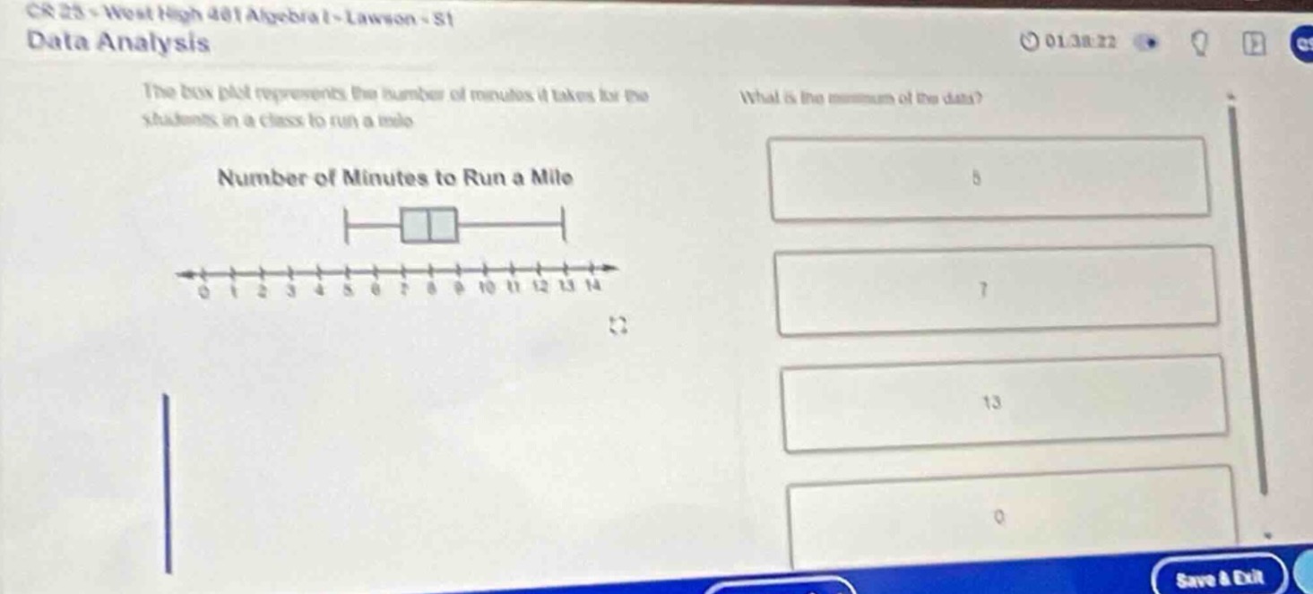 cr 25 - west high 481 algebra i - lawson - s1\ndata analysis\nthe box - plot represents the number of minutes it takes for the students in a class to run a mile\nnumber of minutes to run a mile\nwhat is the minimum of the data?\n5\n7\n13\n0