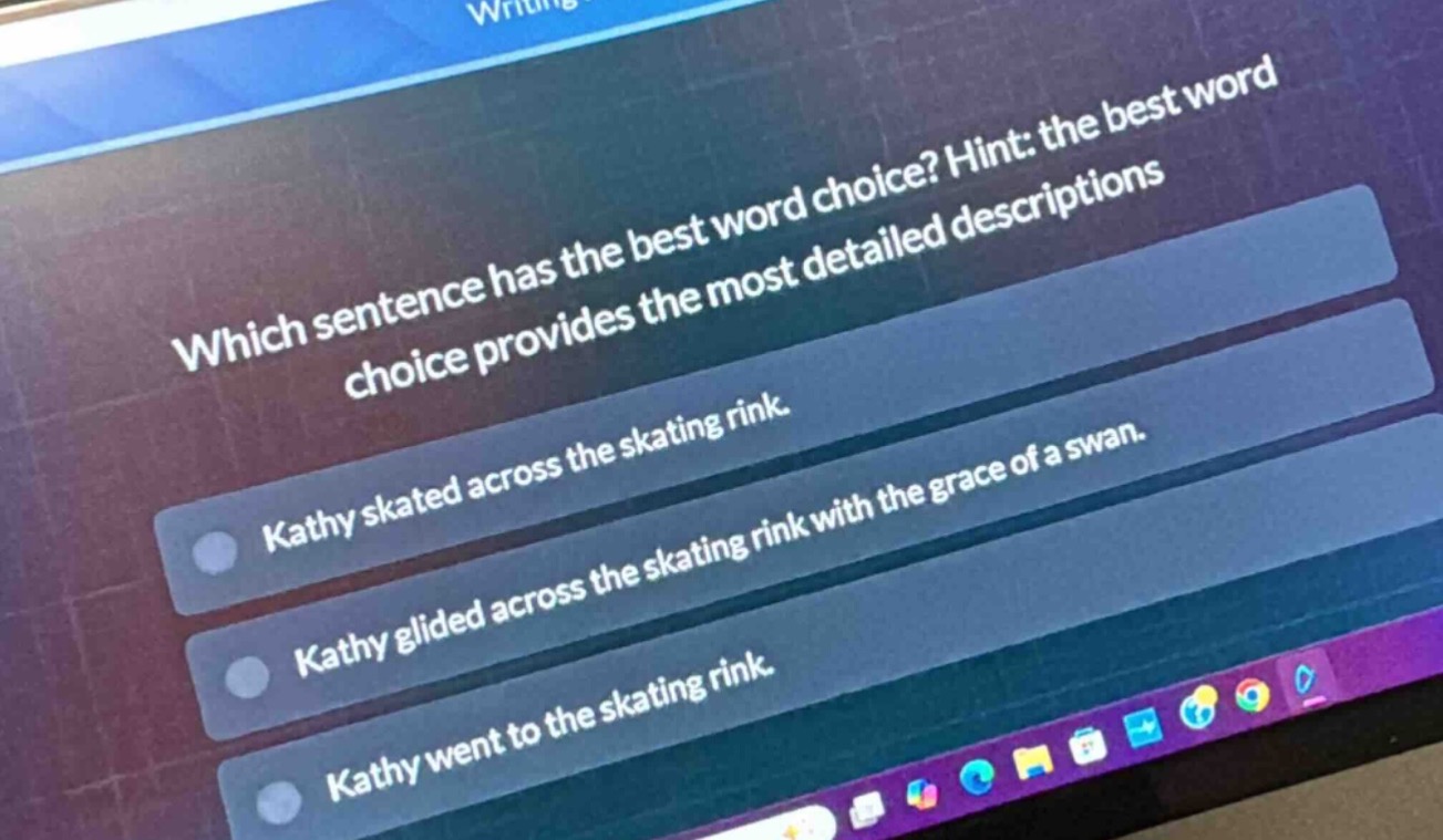 which sentence has the best word choice? hint: the best word choice provides the most detailed descriptions\nkathy skated across the skating rink.\nkathy glided across the skating rink with the grace of a swan.\nkathy went to the skating rink.