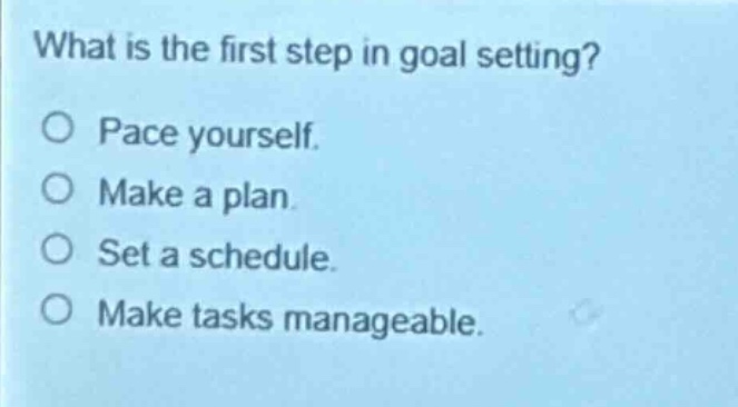 what is the first step in goal setting?\no pace yourself.\no make a plan.\no set a schedule.\no make tasks manageable.