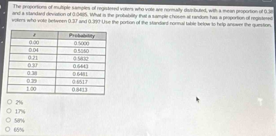 the proportions of multiple samples of registered voters who vote are normally distributed, with a mean proportion of 0.38 and a standard deviation of 0.0485. what is the probability that a sample chosen at random has a proportion of registered voters who vote between 0.37 and 0.39? use the portion of the standard normal table below to help answer the question.\n| z | probability |\n| ---- | ---- |\n| 0.00 | 0.5000 |\n| 0.04 | 0.5160 |\n| 0.21 | 0.5832 |\n| 0.37 | 0.6443 |\n| 0.38 | 0.6481 |\n| 0.39 | 0.6517 |\n| 1.00 | 0.8413 |\n2%\n17%\n58%\n65%