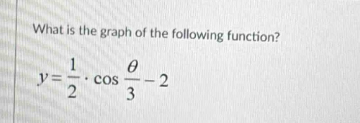 what is the graph of the following function?\n$y = \\frac{1}{2} cdot \\cos \\frac{\\theta}{3}-2$