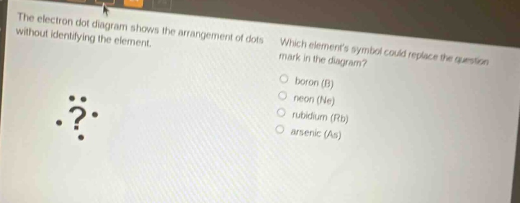 the electron dot diagram shows the arrangement of dots without identifying the element. which elements symbol could replace the question mark in the diagram? o boron (b) o neon (ne) o rubidium (rb) o arsenic (as)