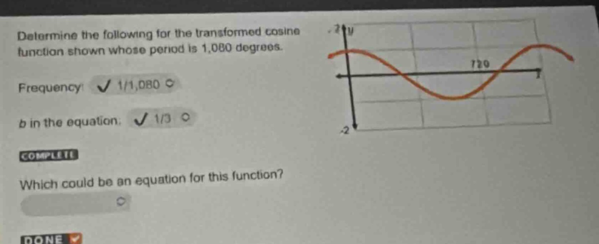 determine the following for the transformed cosine function shown whose period is 1,080 degrees.\nfrequency: 1/1,080\n b in the equation: 1/3\ncomplete\nwhich could be an equation for this function?