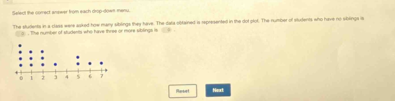 select the correct answer from each drop - down menu. the students in a class were asked how many siblings they have. the data obtained is represented in the dot plot. the number of students who have no siblings is. the number of students who have three or more siblings is.
