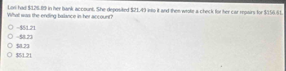 lori had $126.89 in her bank account. she deposited $21.49 into it and then wrote a check for her car repairs for $156.61. what was the ending balance in her account?\n- $51.21\n- $8.23\n$8.23\n$51.21