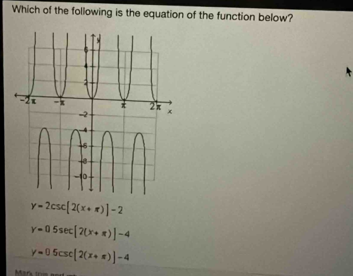 which of the following is the equation of the function below?\ny = 2csc2(x+pi) - 2\ny = 0.5sec2(x+pi) - 4\ny = 0.5csc2(x+pi) - 4