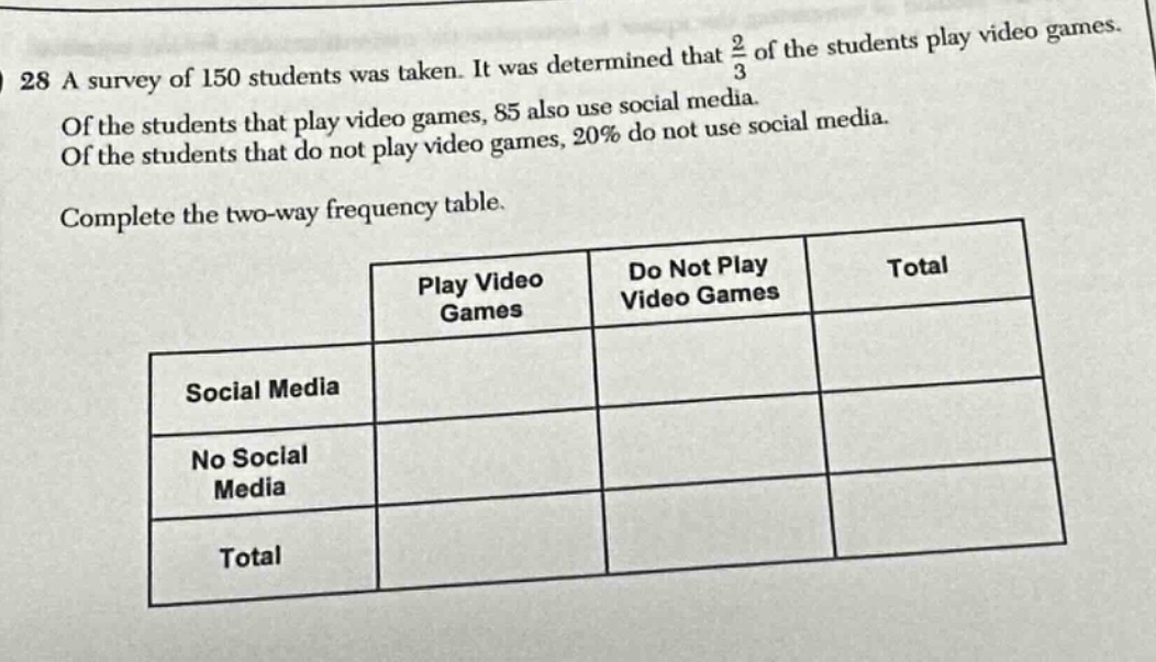 28 a survey of 150 students was taken. it was determined that $\frac{2}{3}$ of the students play video games. of the students that play video games, 85 also use social media. of the students that do not play video games, 20% do not use social media. complete the two - way frequency table.
