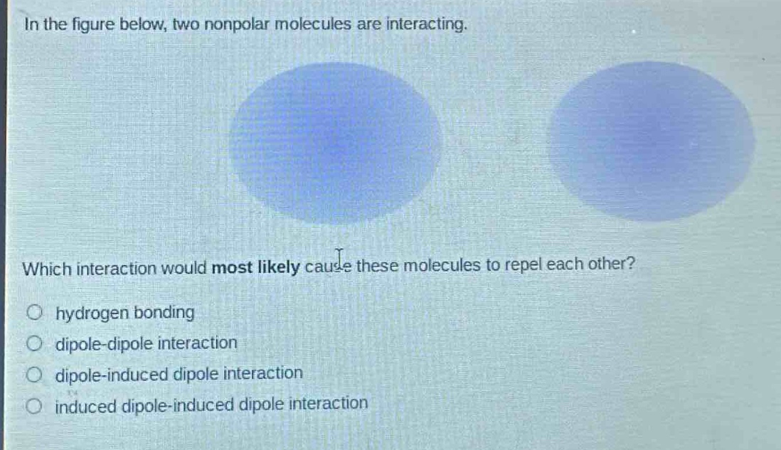 in the figure below, two nonpolar molecules are interacting. which interaction would most likely cause these molecules to repel each other?\n○ hydrogen bonding\n○ dipole - dipole interaction\n○ dipole - induced dipole interaction\n○ induced dipole - induced dipole interaction