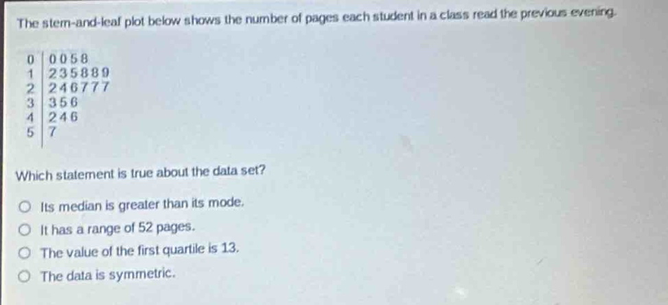 the stem - and - leaf plot below shows the number of pages each student in a class read the previous evening.\n0 | 0058\n1 | 235889\n2 | 246777\n3 | 356\n4 | 246\n5 | 7\nwhich statement is true about the data set?\nits median is greater than its mode.\nit has a range of 52 pages.\nthe value of the first quartile is 13.\nthe data is symmetric.