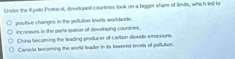 under the kyoto protocol, developed countries took on a bigger share of limits, which led to\no positive changes in the pollution levels worldwide\no increases in the participation of developing countries.\no china becoming the leading producer of carbon dioxide emissions.\no china becoming the world leader in its lowered levels of pollution.\no canada becoming the world leader in its lowered levels of pollution.