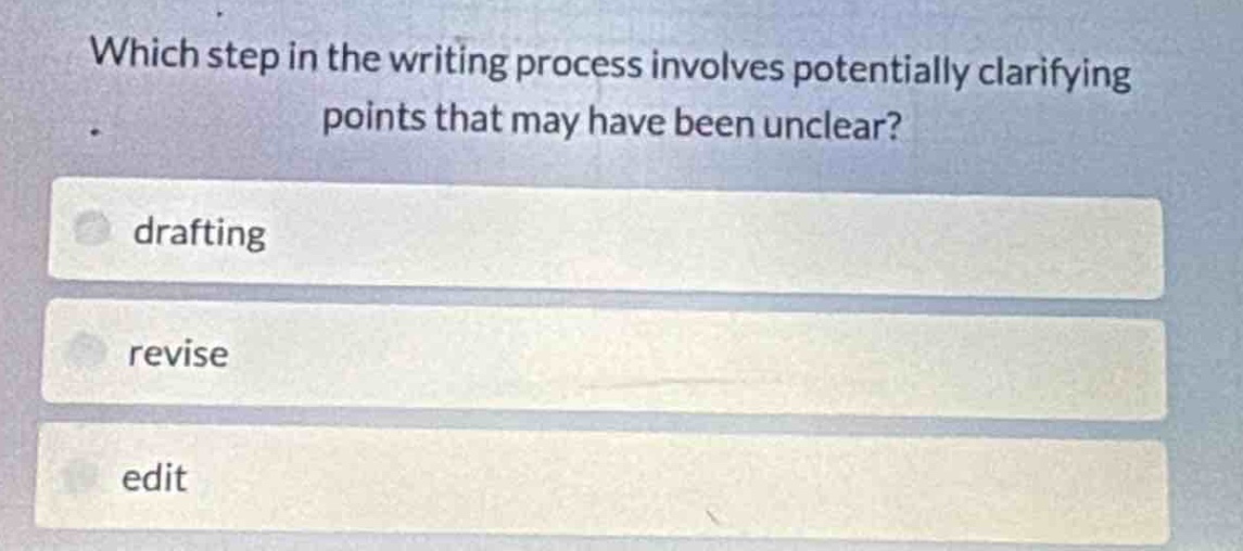 which step in the writing process involves potentially clarifying points that may have been unclear?\ndrafting\nrevise\nedit