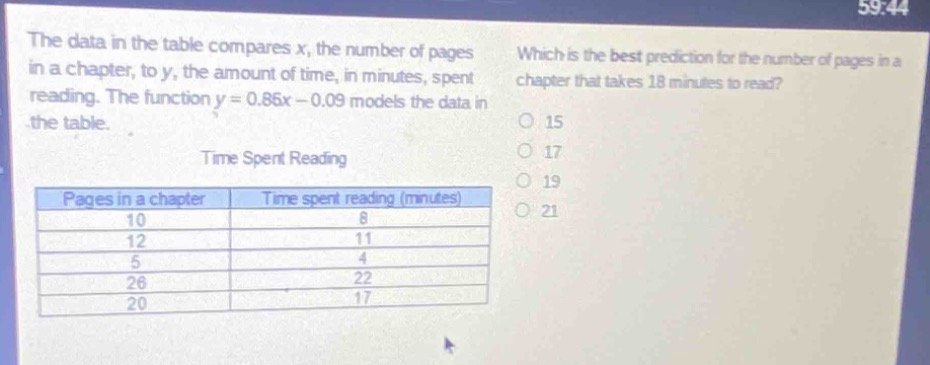 the data in the table compares x, the number of pages in a chapter, to y, the amount of time, in minutes, spent reading. the function y = 0.86x - 0.09 models the data in the table. which is the best prediction for the number of pages in a chapter that takes 18 minutes to read? time spent reading pages in a chapter time spent reading (minutes) 10 8 12 11 5 4 26 22 20 17