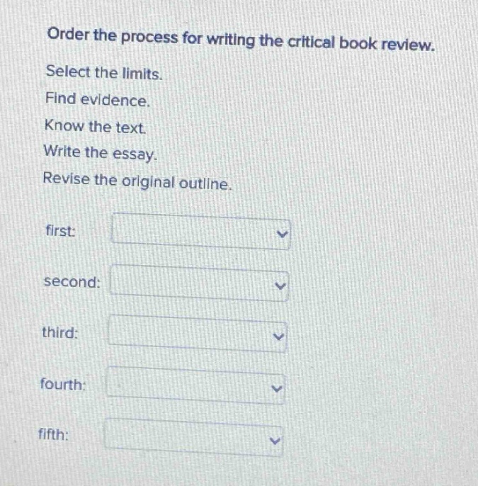 order the process for writing the critical book review. select the limits. find evidence. know the text. write the essay. revise the original outline. first: second: third: fourth: fifth: