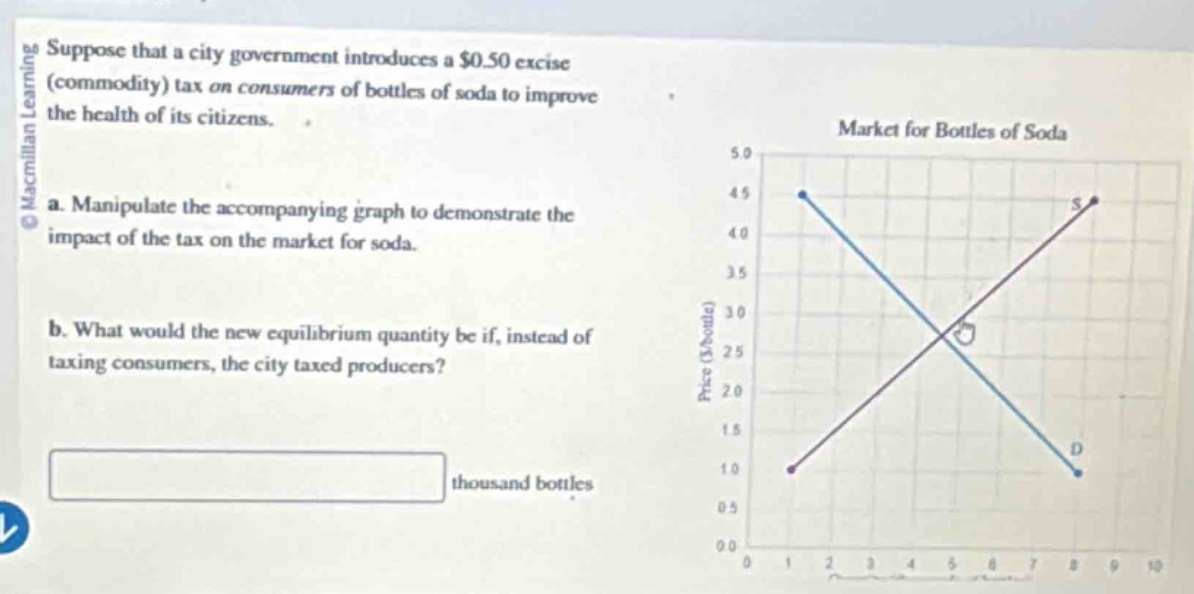 suppose that a city government introduces a $0.50 excise (commodity) tax on consumers of bottles of soda to improve the health of its citizens.\na. manipulate the accompanying graph to demonstrate the impact of the tax on the market for soda.\nb. what would the new equilibrium quantity be if, instead of taxing consumers, the city taxed producers?\nthousand bottles